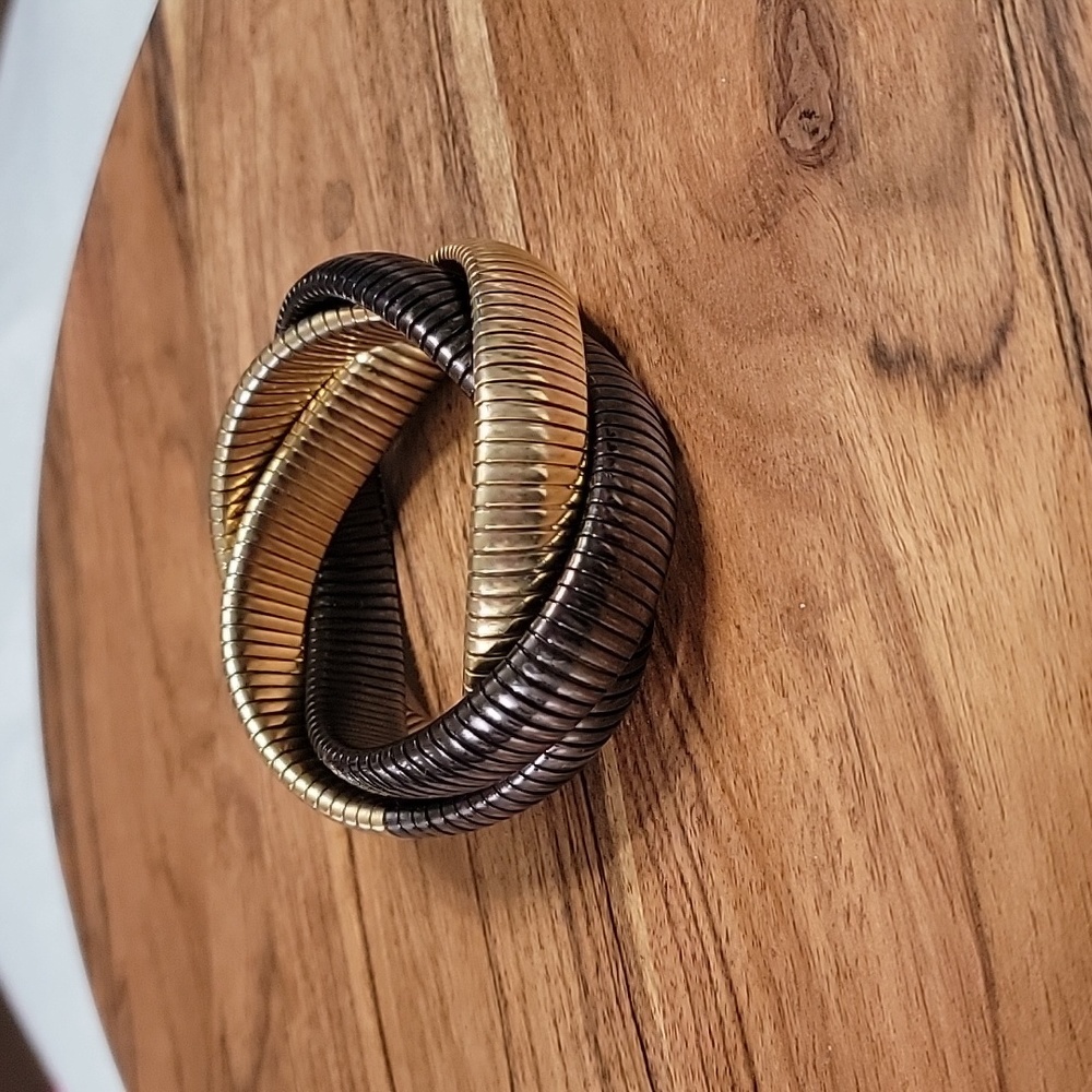 Cobra Tri Color Twisted Bangle Bracelet Gold & Bronze